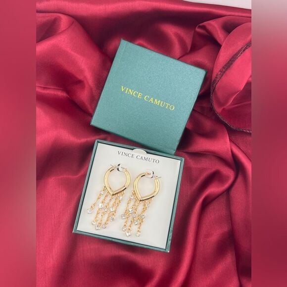 Vince Camuto Gold Hoop Earrings with Rhinestone Dangling Chains - Picture 2 of 5